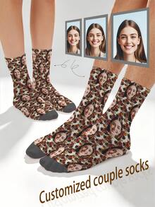 1 Pair Customizable Men's Mid-Calf Socks With Face Pattern, Personalized Photo Socks With Any Face Printed On Socks, Fun Custom Image Mid-Calf Socks, Suitable For Valentine's Day, Birthday, Gift-Giving, Day Of The Dead, Halloween And Other Occasions, Personalized Customization - Multicolor - View 10