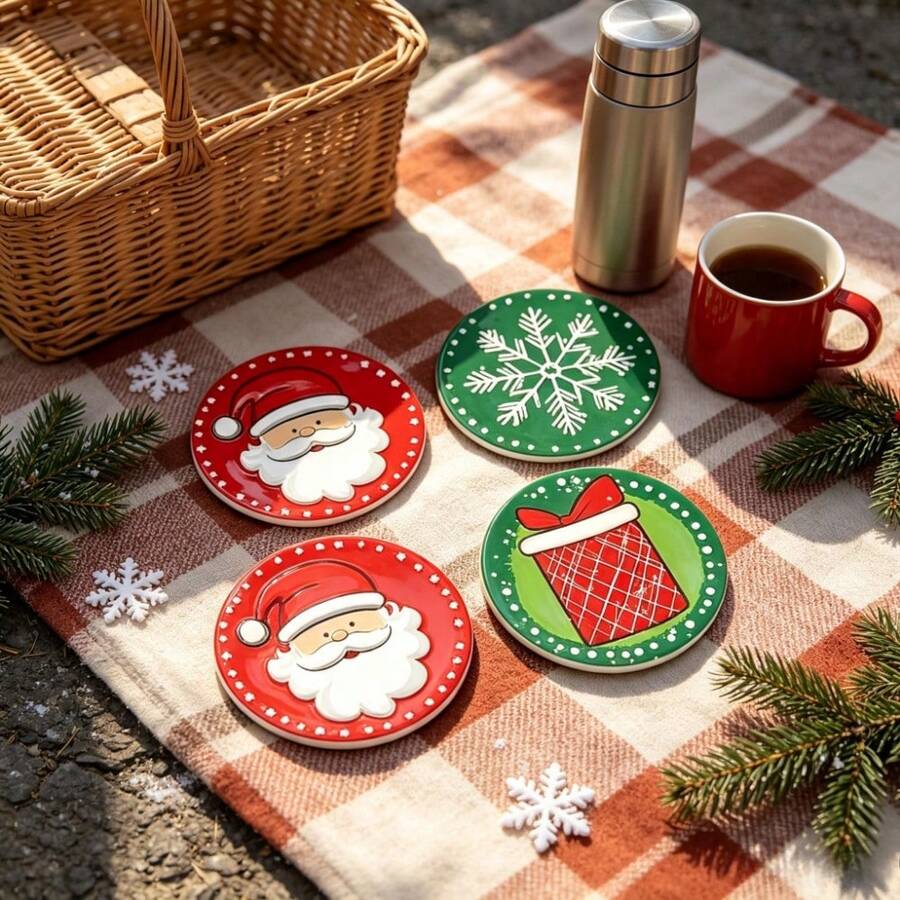 4pcs Christmas Holiday Style Simple Line Drawing Santa Claus Gift Snowflake Element Acrylic Round Coasters - Add Holiday Atmosphere - Practical Holiday Decoration - Suitable For Coffee Cups - Suitable For Office - Dining Table - Holiday Party Gift - Holiday Atmosphere Decoration - Holiday Party Decoration Accessories - Christmas Eve Party Decoration - Multicolor - View 1