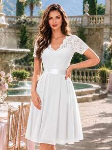 MIUSOL Elegant V-Neck Floral Lace Pleated Hem Chiffon Ball Gown Summer - White - View 5