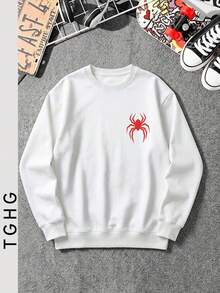 Men's Autumn Crew Neck Lightweight T-Shirt T-Shirt, Red Spider Pattern, Long Sleeve, Y2K Style - White - View 5