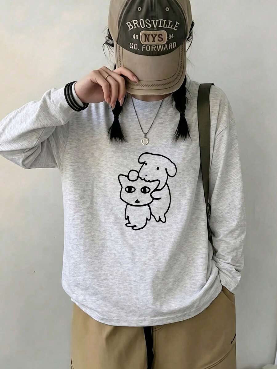 Kaos Wanita Kasual Longgar Bergambar Kartun Leher Bulat Lengan Panjang, Modis & Serbaguna, Musim Semi/Gugur - Abu-abu muda - View 1