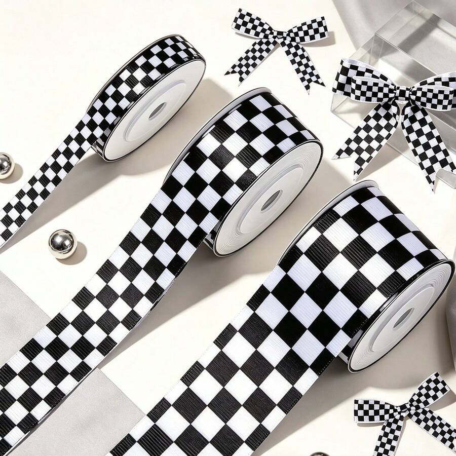 Black And White Checkered Ribbon, Suitable For Racing Theme Decoration, DIY Crafts, Gift Wrapping, Pet Leash, Wedding Supplies And Bows, Halloween Decoration, Christmas Decoration - Multicolor - View 1