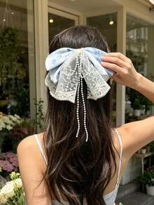 2/1 pieza Pinza para el cabello con lazo de satén teñido anudado y encaje, decoración de borla de perlas larga antideslizante, accesorio para peinado recogido a juego con vestido para uso diario de la mujer, accesorio elegante para media coleta en la parte posterior de la cabeza, otoño - Multicolor - Ver 2