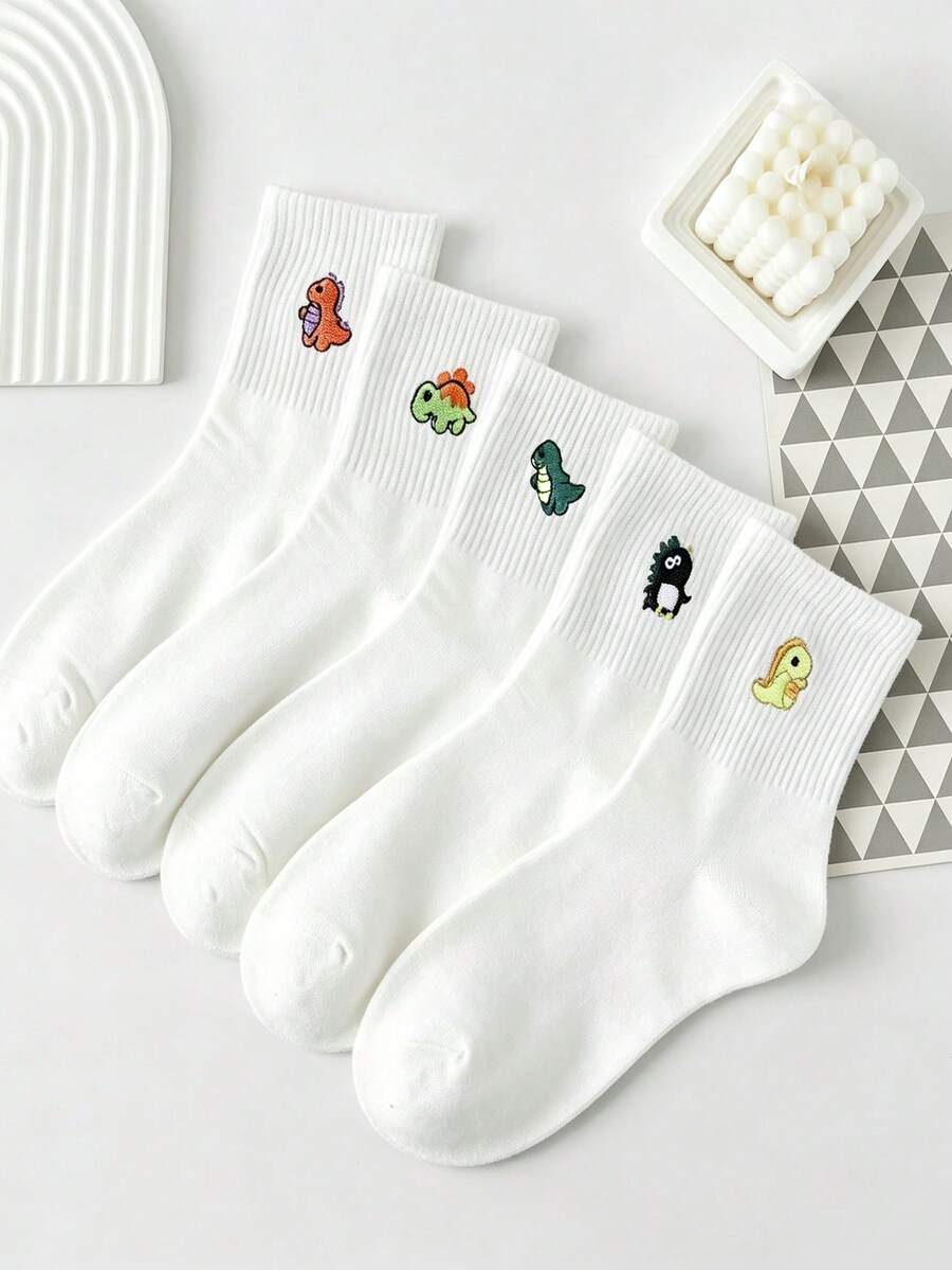 5 Pairs Embroidered Dinosaur Pattern Cute & Fun Women's Socks, Unisex, Suitable For All Seasons, Comfortable & Breathable, Perfect For Daily Wear - Multicolor - View 1