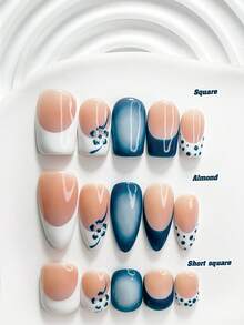 10pcs Fresh Style Handmade Press-On Nails, Polygel Nail Art Set, Hand-Painted Floral & Polka Dot, Blue & White Color, Minimalist Korean Style, Includes Nail Tools, 3 Sizes Available, Square/Short Square/Almond Shape, Suitable For Party, Dancing, Daily Wear - Multicolor - View 1