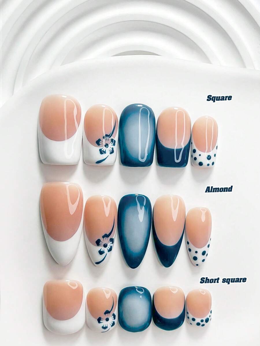 10pcs Fresh Style Handmade Press-On Nails, Polygel Nail Art Set, Hand-Painted Floral & Polka Dot, Blue & White Color, Minimalist Korean Style, Includes Nail Tools, 3 Sizes Available, Square/Short Square/Almond Shape, Suitable For Party, Dancing, Daily Wear - Multicolor - View 1