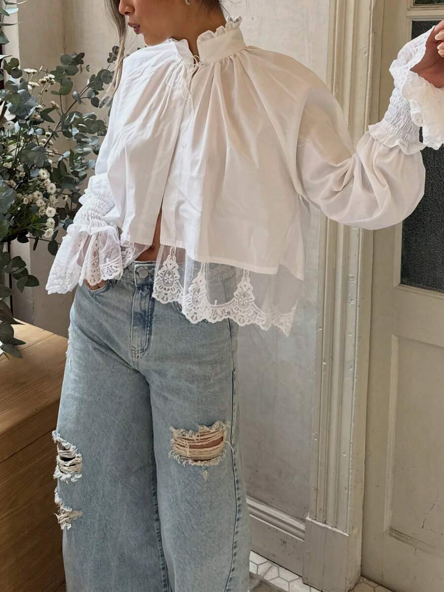 Women's Solid Color Woven Fabric Exaggerated Lace Trim Patchwork Blouse, Suitable For Vacation, Daily, Brunch, Airport Outfits, Spring And Autumn - White - View 1