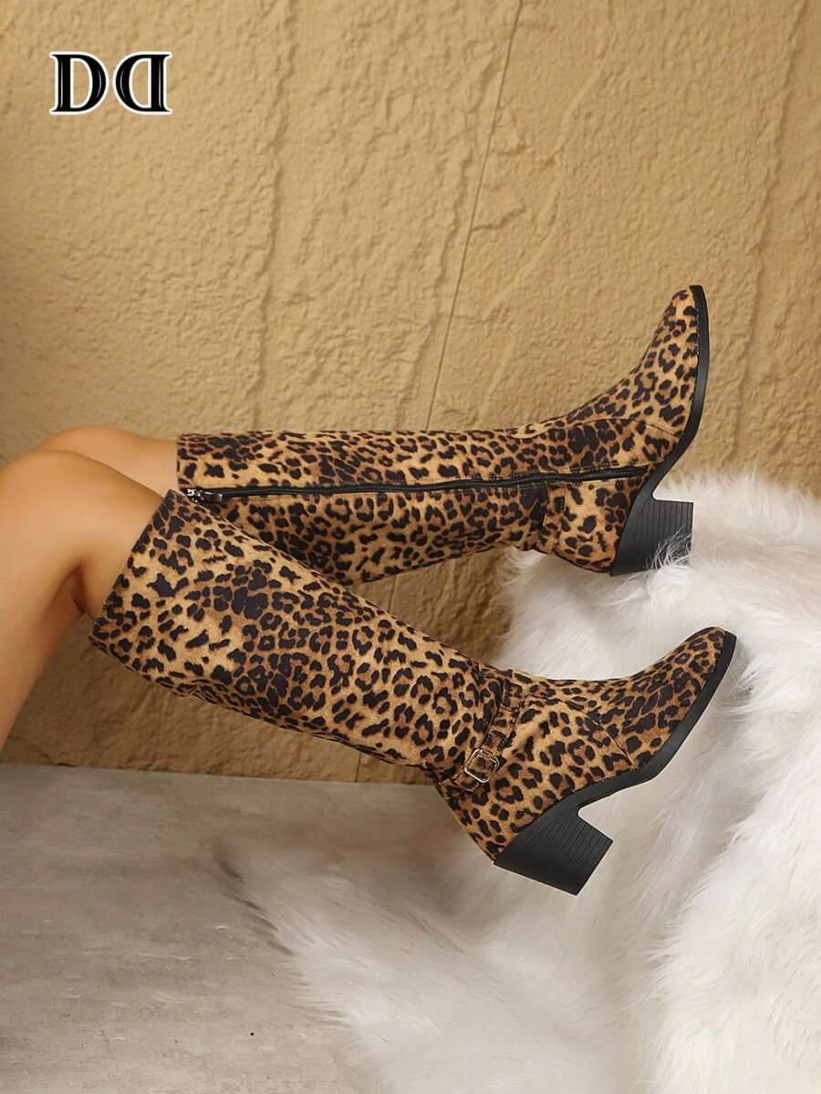 Pointed Toe Leopard Print Mid-Calf Boots, Side Zipper Chunky Heel Western Style Knee-High Ankle Boots, Fashion Street Date Casual Wear Women's Shoes - Leopard - View 1