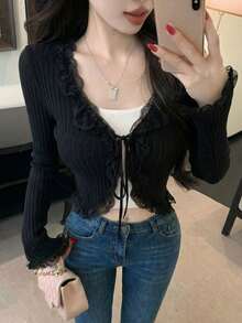 New Spring/Summer Korean Style Fitted Frill Trim V-Neck Knit Sweater Top For Women Black Fall - Black - View 3