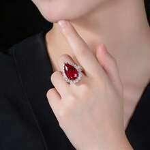 European & American Elegant White Gold Plated Teardrop Red Zirconia Exaggerated Open Ring For Women - Red - View 5