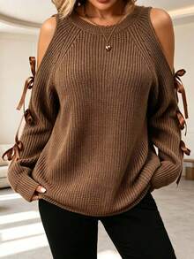 Sweater Lengan Panjang Model Bahu Terbuka dengan Kerah Bulat dan Pita, Warna Polos Ukuran Besar, Kasual - Coklat - View 5