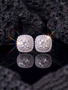 1 par de pendientes de botón cuadrados de doble capa con circonita de cobre totalmente pavimentados, estilo de lujo hip-hop unisex, adecuados para el uso diario, fiestas y regalos de vacaciones, perfectos para el Día de San Valentín y regalos de cumpleaños - A - Ver 2