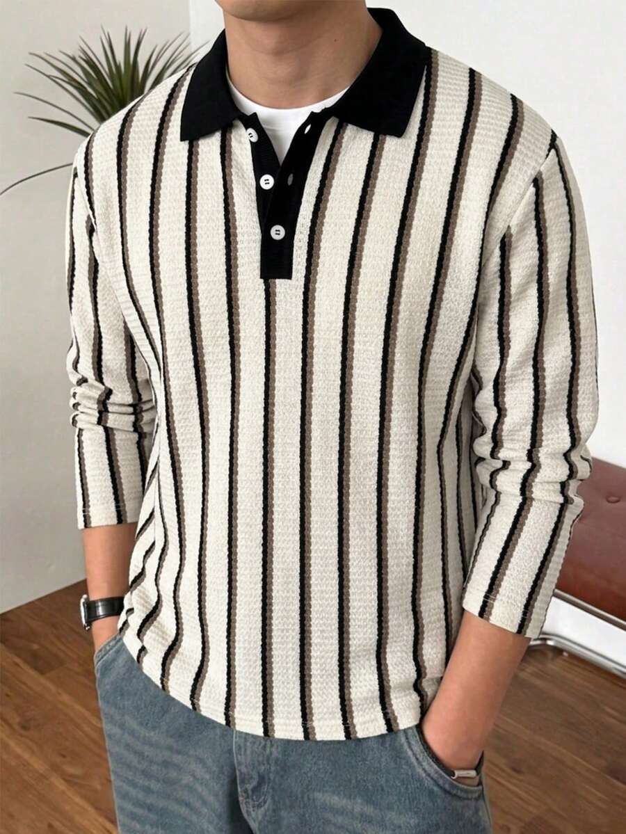 Men's Vintage Colorblock Vertical Striped Polo Collar Long Sleeve Top, Loose Textured Casual Turn-Down Collar T-Shirt - Multicolor - View 1