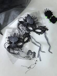2pcs Gothic Black Lace Butterfly Masquerade Mask Set With Tulle Veil, Halloween Costume Party Hair Accessory Photo Prop - Black - View 4