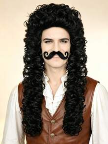 Black Long Curly Pirate Costume Wig Set, Historical Colonial Curly Wig With Fake Handlebar Mustache, Men Cosplay Wig For Halloween Theme Party Dress‑Up Role Play - Multicolor - View 2