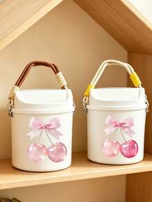 Cute Bowknot Cherry Print Swing Lid Car Trash Can, , Detachable Hanging Rope,Multifunctional Desktop Sundry Storage Bucket, Makeup Brush Holder, Car Interior Decor, Back To School Holiday Gift - A - View 3