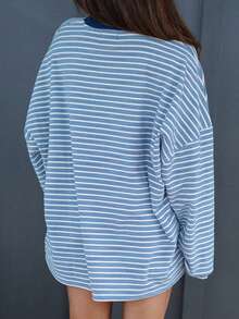 Acelitt Spring/Autumn Casual Striped Print Loose Round Neck Top And Shorts Set, Soft Knit, Suitable For Daily Home Wear - Sky Blue - View 2