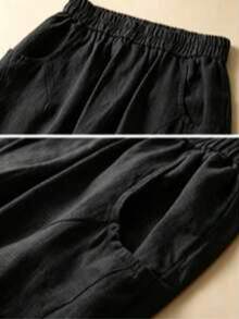 Plus Size Women's Solid Color Casual Versatile Daily Wear Long Pants - Black - View 3