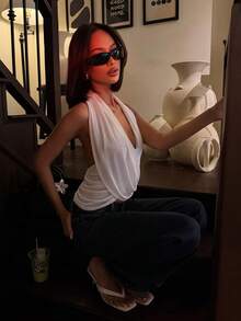 SYchuan Chic Halter Neck Tank Top For Women Backless And Asymmetrical Hem Short Camisole In High Stretch Polyester, Perfect For Summer Style - White - View 8