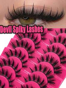 10 Pairs Demon Spike False Eyelashes, Transparent Stem, Soft Synthetic Fiber, Lightweight & Reusable, Exaggerated Big Eye Style, Suitable For Cosplay Party, Adhesive False Eyelashes, Doll Eyelashes - Black - View 1