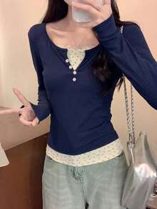 Long Sleeve T-Shirt Spring/Autumn New Thin Layering Top 2 In 1 Crew Neck - Navy Blue - View 8