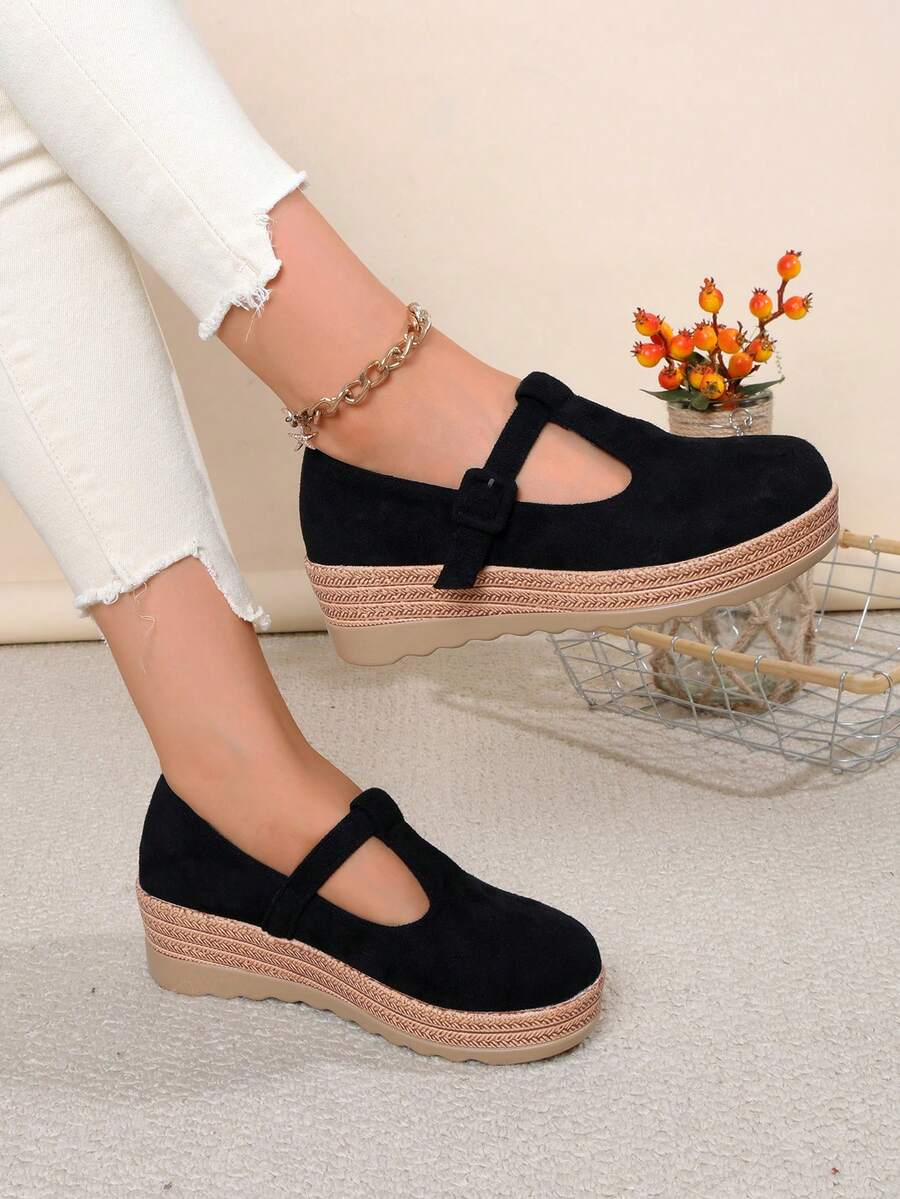 Women's Wedge Heel Thick Sole Mary Jane Shoes, Round Toe T-Strap Low Vamp, Spring/Autumn New Style - Black - View 1