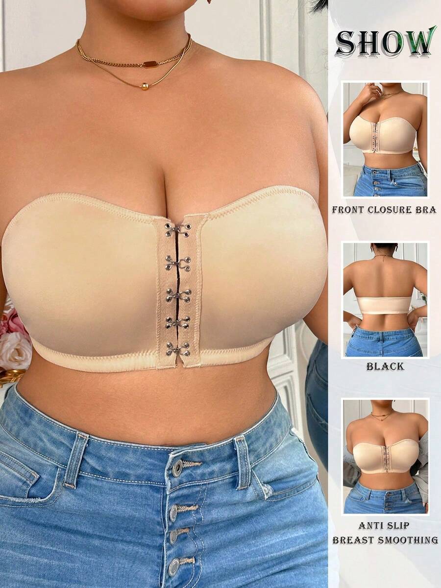 Front Closure Wire-Free Padded-Free Bandeau Bra For Plus Size Women - Apricot - View 1
