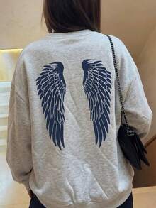 女款寬鬆淺灰色天使之翼印花圓領衛衣，Y2K街頭風基礎針織，休閒長袖套頭衫，適合秋季/返校季 - 淺灰色 - 查看 5