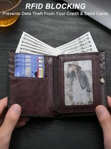 VINCESS Men's Wallet, Cowhide Leather, RFID Blocking, Men's Vintage Fashion, Large Capacity Multi-Card Slot, Zipper Coin Pocket, Travel Essential - Coffee Brown - View 4