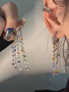 Women Sweet Heart Long Rainbow Bead Tassel Ear Cuffs, Random Color Beads Unique Fashion Earrings - Multicolor - View 1