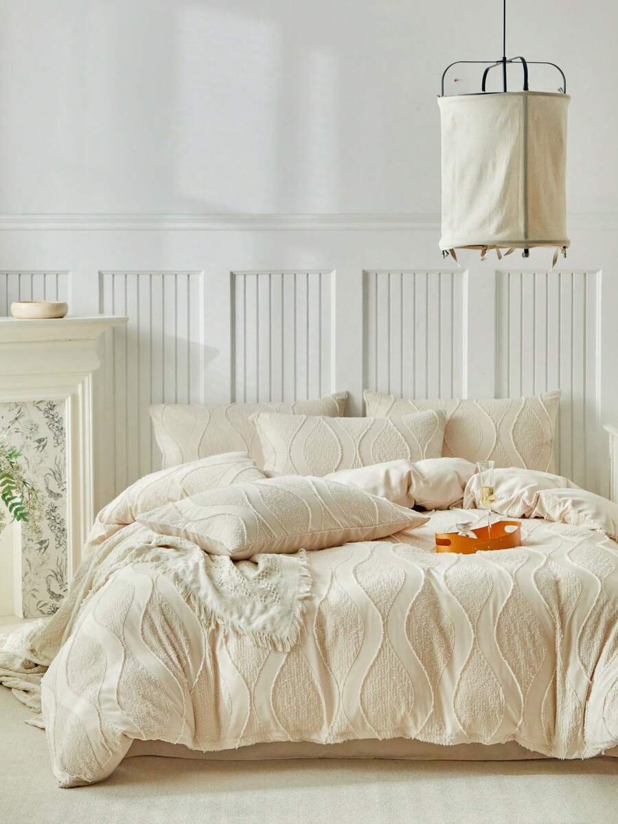 2/3pcs Khaki Geometric Pattern Tufted Duvet Cover Set, Minimalist Retro Modern Textured Bedding Set, Suitable For All Seasons, Soft And Breathable, Great Gift, Queen, King (1 Duvet Cover + 1/2 Pillowcases, No Fillers)