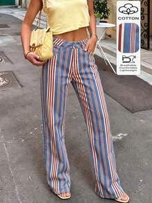 Multi-Color Vertical Striped Straight Leg Jeans, Street Casual Women's Versatile Fashion - Multicolor - View 3
