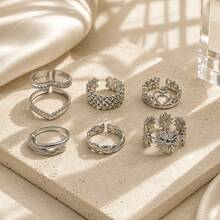 6pcs/Set Women's Silver Adjustable Open Rings, Daisy Flower, Snake, Heart, Twisted Chain, V-Shape Beaded Edge And Round Bead Braided Stackable Ring Set, French Vintage Versatile Hand Jewelry, Suitable For Daily Wear, Party And Gift - 6-piece Ring Set - View 5