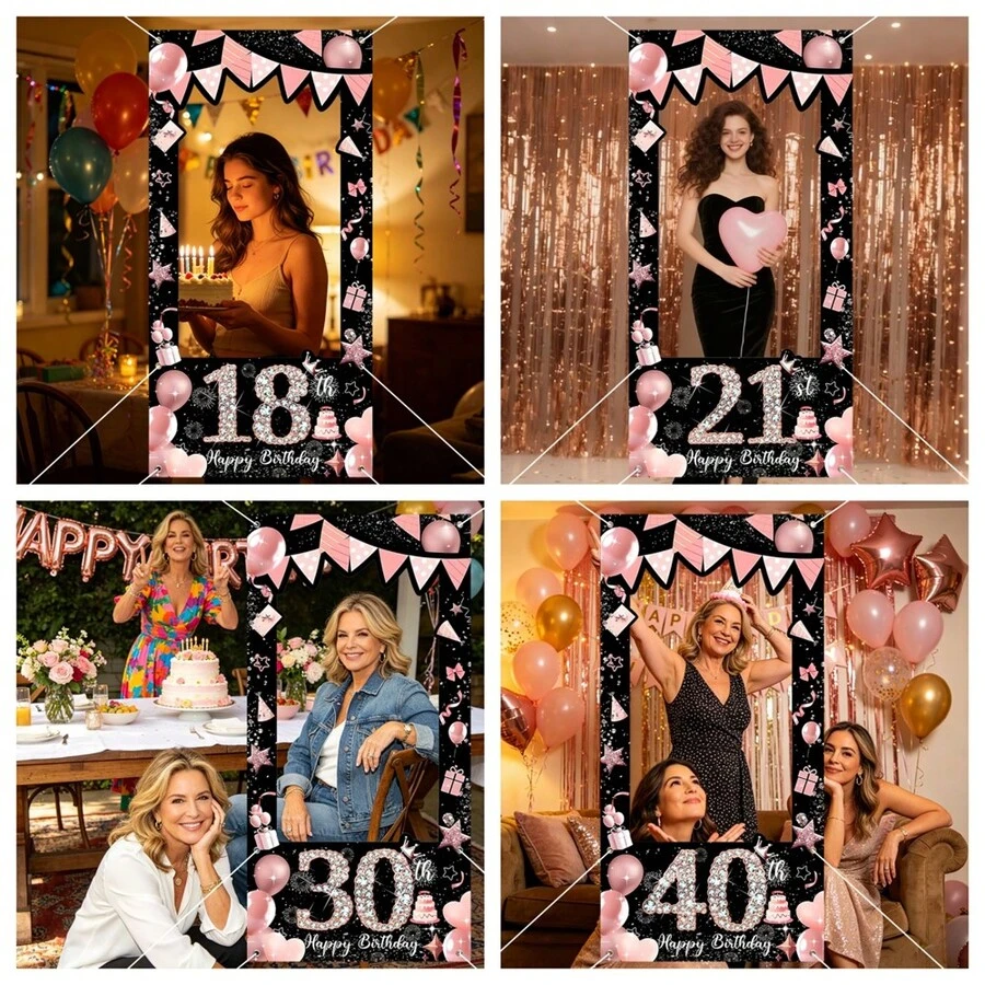 AFYPRTY 1pc Black & Pink Diamond Birthday Photo Booth Backdrop Frame Wall, Polyester Fabric, Birthday Party Selfie Photo Prop Decoration, Suitable For 18, 21, 30, 40, 50, 60, 70, 80, 90th Birthday Party Decor