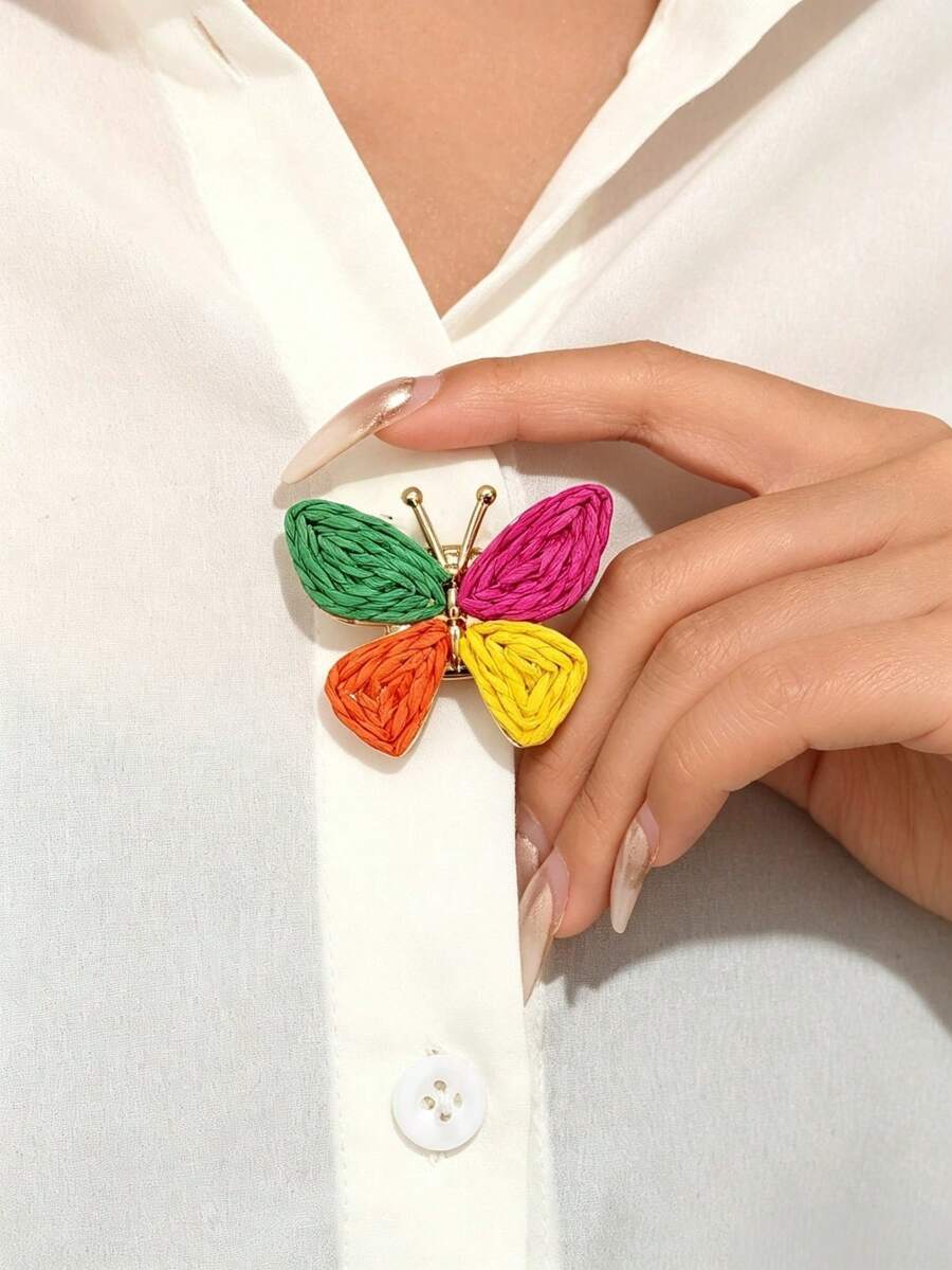 1件裝時尚優雅性感誇張幾何啞光金逗號法式襯衫袖扣領夾,女款高端飾品,適合派對、商務晚餐、日常穿著,多場景使用,新款花形鑲嵌寶石、巴洛克不對稱珍珠、多色拉菲亞蝴蝶等多款可選,注意:適用於直徑1.5cm和1.2cm內的鈕扣 - 彩色 - 查看 1