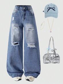 Tween Boy Casual Washed Distressed Wide Leg Denim Jeans - Dark Wash - View 3