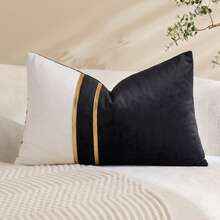 1/2pcs Black & White Velvet Patchwork Gold Leather Striped Throw Pillow Cover, Square Cushion Case, Holiday Home Decor Pillow, Soft & Comfortable Fabric, Modern Decorative Sofa, Home Bedroom, Dorm Use - Black - View 10