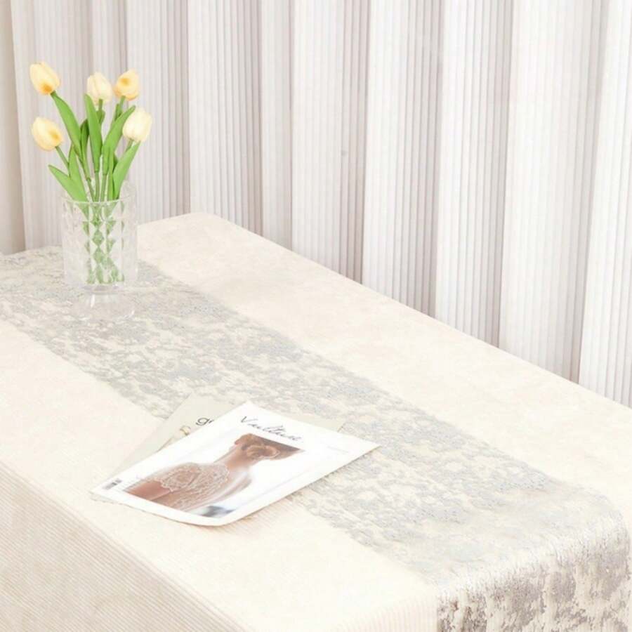 1 Roll Polyester Silver Foil Stamped Table Runner, Solid Color Minimalist Elegant Exquisite, Decorates And Conceals Tabletop Tableware, Wear-Resistant And Durable, Suitable For Wedding, Birthday Party, Celebration, Mother's Day, Father's Day, Independence Day And Other Holiday Atmosphere Decoration, Daily Family Gathering And Dining - View 1