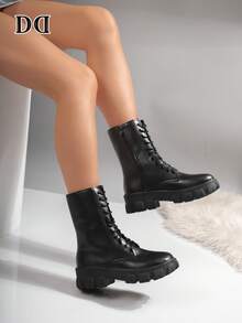 Round Toe Lace Up Mid Calf Combat Boots, Side Zipper Lug Platform Booties, Fashion Footwear For Street Daily Casual Outfits - Black - View 4