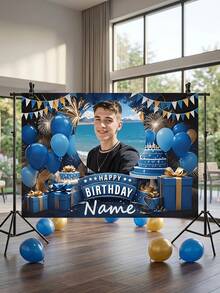 1pc - Customized Birthday Celebration Backdrop, Customized Blue & Gold Theme Printed Poster - Personalized Gold & Colorful Confetti And Star Decoration, Suitable For Celebration Party, Birthday Gathering, Home Decor Background, Customizable Anniversary, Personalized Birthday Party, Customized Photo And Name Poster - Multicolor - View 5