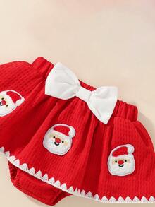 Baby Girl 2pcs Set Tie Bow Spaghetti Strap Ruffle Short Top With Santa Claus Patchwork Big Bow Skort, Sweet Festive Christmas Style Breathable Bubble Crinkle Texture Infant Holiday Party 100 Days Photo Outfit - Red - View 5