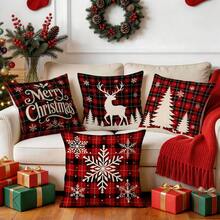 4pcs/1pc Red & Black Plaid Christmas Winter Pattern Pillow Case, Single-Sided Printed Pillow Case, Suitable For Living Room, Bedroom, Home Decor, All-Season Pillow Case - Multicolor - View 8