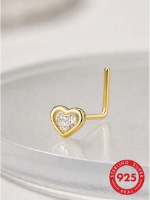 lunastudio 1pc 925 Sterling Silver L-Shaped Heart Zirconia Nose Stud For Women Daily Wear - Gold - View 5