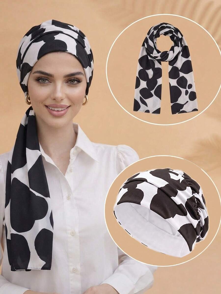 1 buah Hijab Rajut Satin Bermotif untuk Wanita Muslim + Kain Dalam Bermotif, Set 2 Buah, Jilbab Muslim Vintage yang Bernapas dan Melindungi dari Matahari, Cocok untuk Perjalanan Sehari-hari - Bintik hitam dan putih - View 1