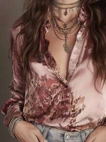 Plus Size Bohemian Style Shiny Satin Button-Up Shirt, Vintage Leopard Print Floral Loose Top, Tummy-Covering Blouse, Suitable For Daily, Party, Vacation Wear - Multicolor - View 6