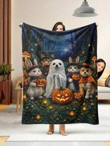 1pc Soft And Comfortable Halloween Flannel Blanket, 2D Printed Blanket For Office Nap, Sofa And Bed Decor, Outdoor Camping Leisure Blanket, Suitable As Gift For Family And Friends - Multicolor - View 9