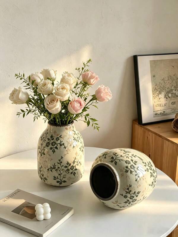 1pc Loven Vintage Floral Ceramic Vase, Cracked Glaze Surface Vase, Dark Edge, Country Style Decorative Vase, Suitable For Home, Living Room, Entrance And Wedding Use. High-End Gift Box Set