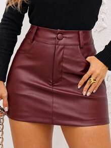 EMILI MODA Women's PU Leather Mini Skirt With Pockets And Button - Burgundy - View 1
