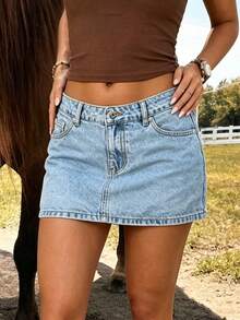 Whisplicity Women's Low Waist Solid Color Casual Minimalist Denim Mini Skirt, Summer - Light Wash - View 10