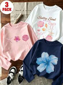 Set 3 Potong Kaos Lengan Panjang Bermotif untuk Anak Perempuan Remaja, Cocok untuk Atasan Musim Gugur/Dingin Anak Perempuan, Pakaian Anak Pelajar, Cocok untuk Pakaian Luar dan Lapisan. - MultiWarna - View 1